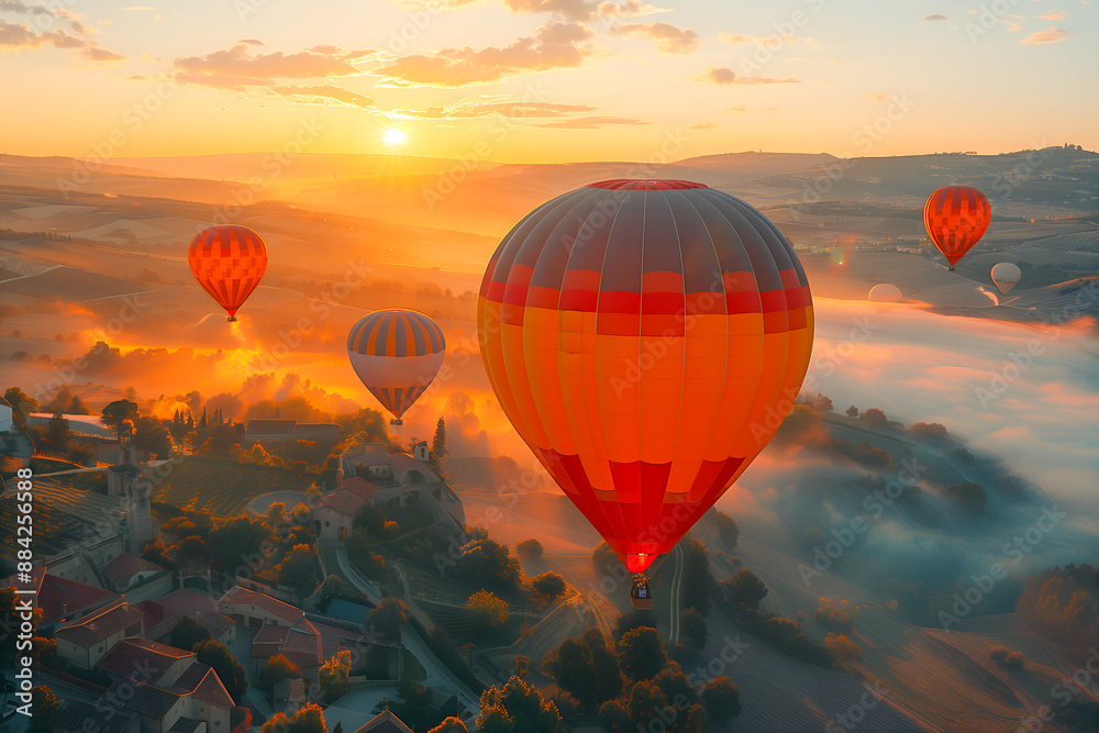 Naklejka premium Ballon dirigeable au-dessus d'un paysage imaginaire au coucher de soleil