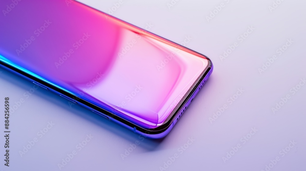 Sleek smartphone with rounded edges rests on a table, displaying a vivid purple screen