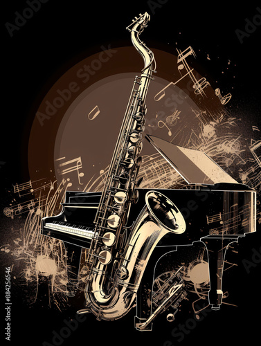 Abstract image of musical instruments piano, safoxon, musical notes and more. Theme for a music club or Jazz concert. Generative Ai