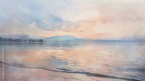 Watercolor painting of a serene beach scene with gentle waves crashing onto the shore. Seashells scattered across the sand reflect the soft, pastel hues of the sunset
