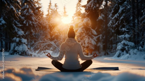 Woman meditating in snowy forest at sunrise.