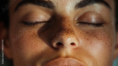 Close-up portrait of a woman's face with freckles and closed eyes.