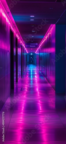 Long hallway illuminated by striking pink and blue neon lights, capturing a sense of modernity and chic style.