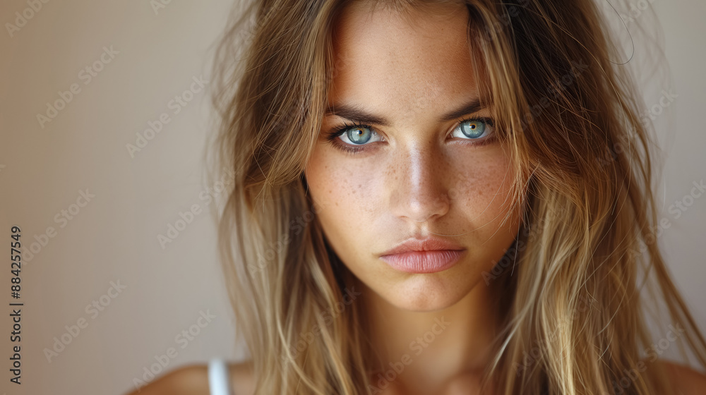 Young woman with intense blue eyes staring directly at the camera, conveying determination and confidence. The close-up portrait highlights her striking features and freckled face. Young woman with intense blue eyes staring directly at the camera, conveying determination and confidence. The close-up portrait highlights her striking features and freckled face.