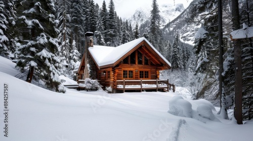 A rustic wooden cabin in the mountains, with weathered wood and a stone chimney, surrounded by snowcovered trees