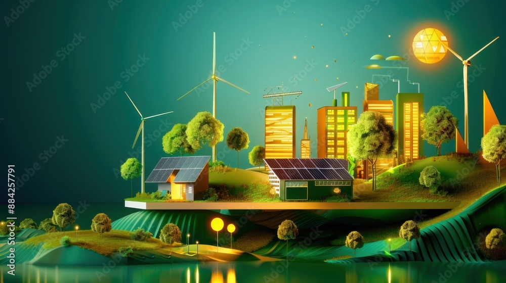 Naklejka premium Renewable energy alternatives, solar and wind power, flat design illustration