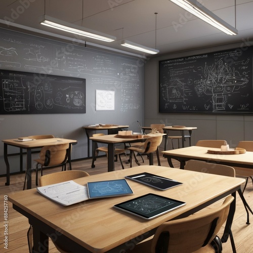 Digital Classroom:

Design a futuristic classroom with holographic screens, virtual books floating around, and digital pens.
Incorporate elements like a digital blackboard displaying equations or inte photo