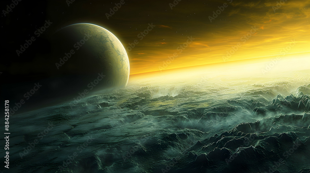 Fototapeta premium A dystopian solar planet with intense cosmic radiation affecting its surface, creating a harsh and uninhabitable environment 