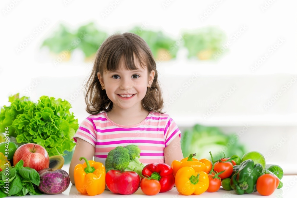 Happy Child Surrounded by Fresh Vegetables and Fruits in Bright Kitchen Happy Child Surrounded by Fresh Vegetables and Fruits in Bright Kitchen