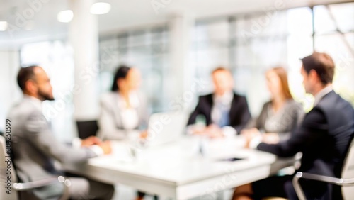Business Meeting Blur - A blurred image of a business meeting discussing financial strategies.
