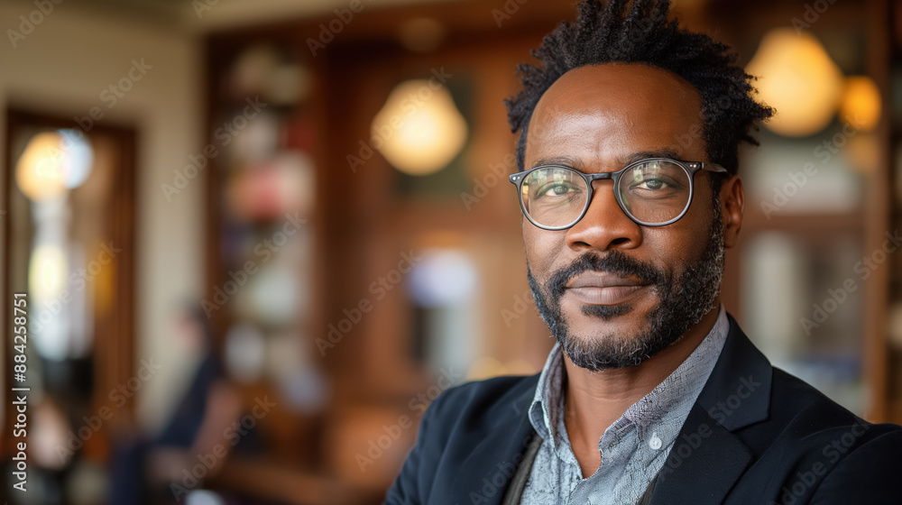 Confident man with glasses, smiling slightly, wearing a blazer in a warmly lit, sophisticated setting, exuding professionalism and charisma. Confident man with glasses, smiling slightly, wearing a blazer in a warmly lit, sophisticated setting, exuding professionalism and charisma.