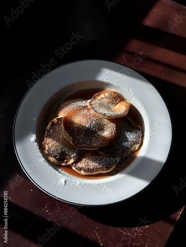 Gourmet panqueques with rich dulce de leche drizzle photo