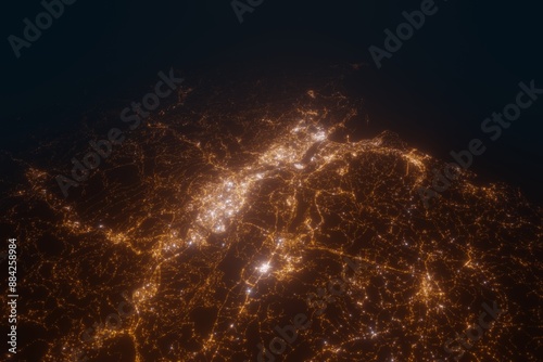Aerial view on Bilbao (Spain) from east. Top view on modern city at night from space