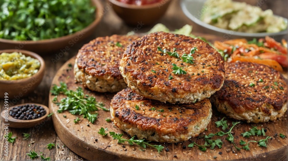 wooden cutting board four round golden-brown patties it wooden cutting board four round golden-brown patties it