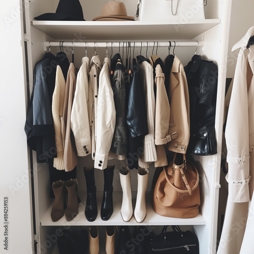 Organized Minimalist Wardrobe with Stylish Clothing and Accessories