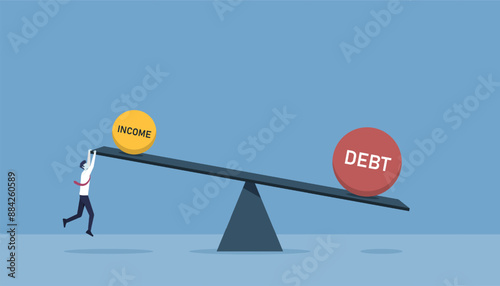 Income and debt with seesaw showing higher debt than income, businessman try to make it in balance