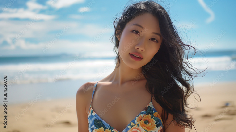 Beautiful Asian woman, lady, female model, on a tropical summer beach trip, travel, holiday, vacation, relaxing, and posing in a bikini by the sea. In the background are the ocean and the blue sky. Beautiful Asian woman, lady, female model, on a tropical summer beach trip, travel, holiday, vacation, relaxing, and posing in a bikini by the sea. In the background are the ocean and the blue sky.