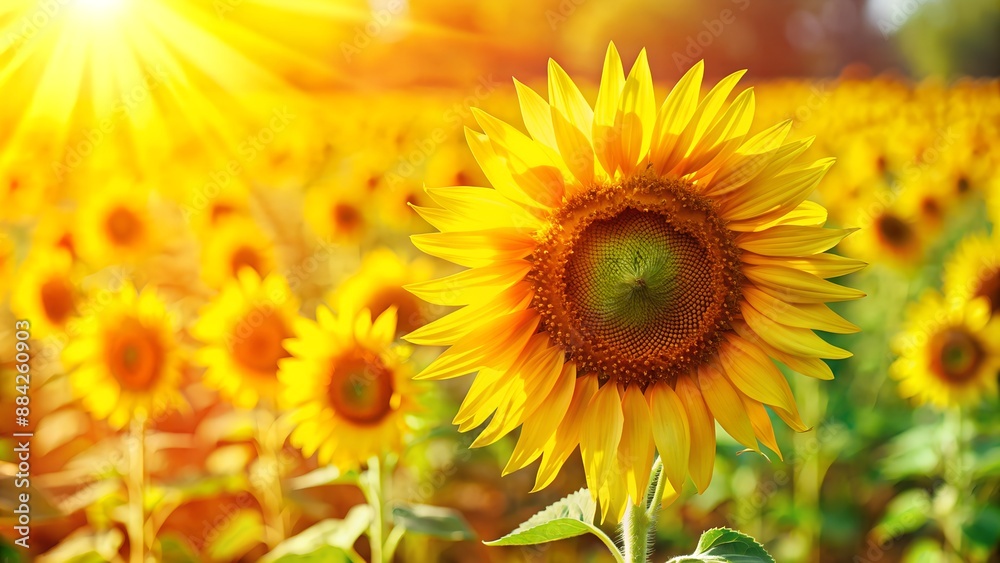 Naklejka premium A vibrant sunflower field under the bright summer sun, showcasing the beauty of nature and radiance of yellow flowers in full bloom.