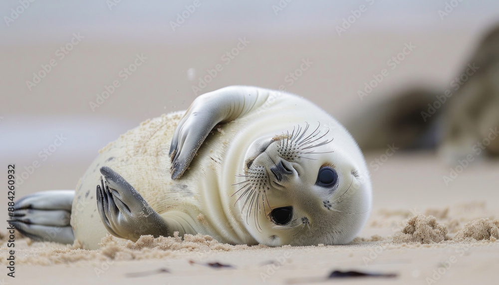 Obraz premium A seal is peacefully resting on its back along the sandy shoreline of the beach