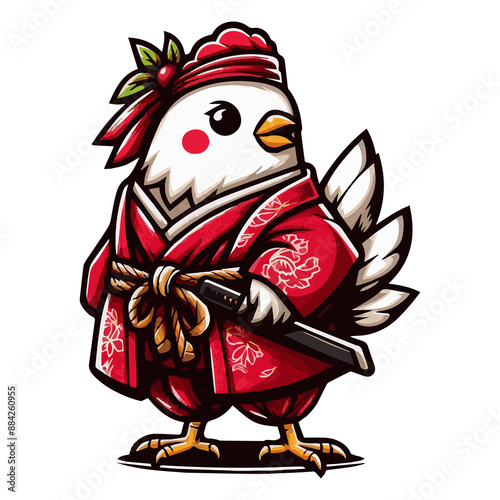 illustration of a chicken warrior wearing a red robe, generative ai