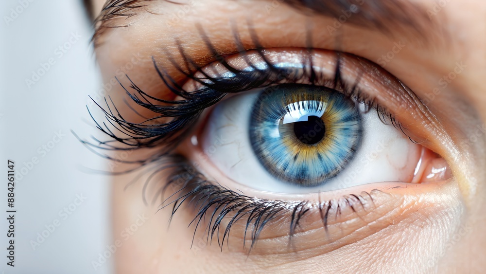 Fototapeta premium Close-up of a blue eye with long lashes, capturing detailed iris patterns and sharp focus on the eye's vibrant colors.