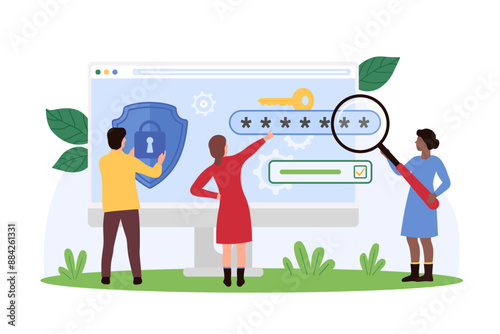 Online security, safe analysis of website protection and access to personal data. Tiny people with magnifying glass and shield check secure account password to protect data cartoon vector illustration