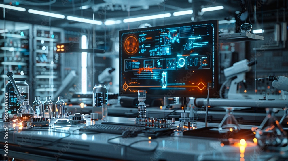A background depicting a high-tech lab bench with various biotech tools and equipment, with a focus on digital interfaces and holographic displays A background depicting a high-tech lab bench with various biotech tools and equipment, with a focus on digital interfaces and holographic displays