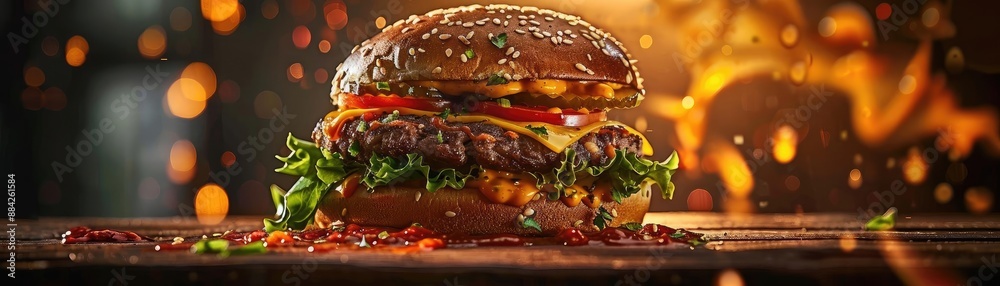 Close-up of a delicious juicy cheeseburger with fresh lettuce and tomato, with fiery background creating a mouthwatering appeal. Close-up of a delicious juicy cheeseburger with fresh lettuce and tomato, with fiery background creating a mouthwatering appeal.
