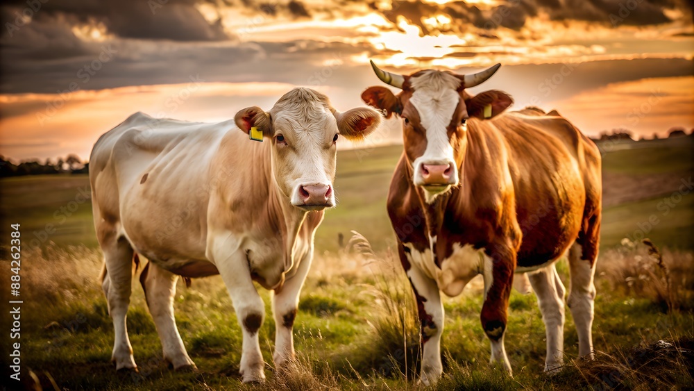 Two cows standing in a sunlit field with a beautiful sunset in the background, exuding a serene and pastoral rural scene. Two cows standing in a sunlit field with a beautiful sunset in the background, exuding a serene and pastoral rural scene.