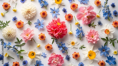 A flat lay composition of various spring flowers, such as peonies, daffodils, and hyacinths, artistically scattered on a white background