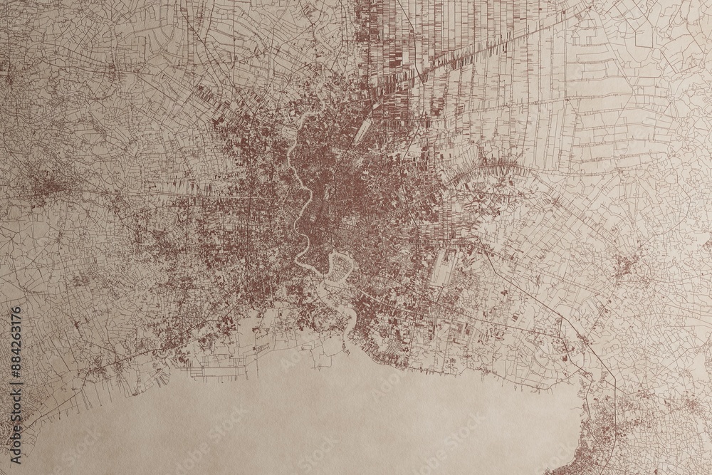 Obraz premium Map of Bangkok (Thailand) on an old vintage sheet of paper. Retro style grunge paper with light coming from right. 3d render