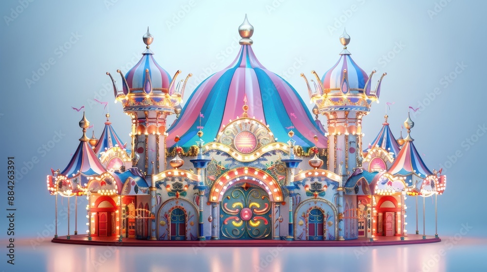 Obraz premium A magical carnival traveling between dimensions, its tents shimmering with enchantment, in white background