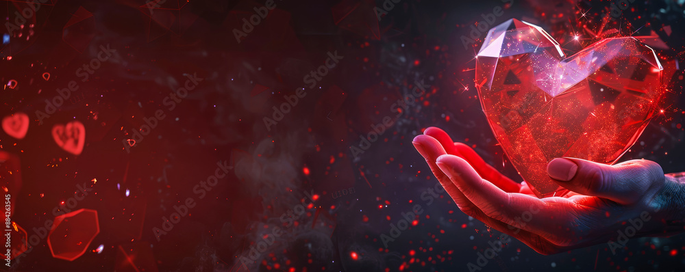 Abstract picture neon hues for a futuristic theme.A large, glowing neon heart red and white lights. Apair of glowing red polygonal hands . Abstract picture neon hues for a futuristic theme.A large, glowing neon heart red and white lights. Apair of glowing red polygonal hands .