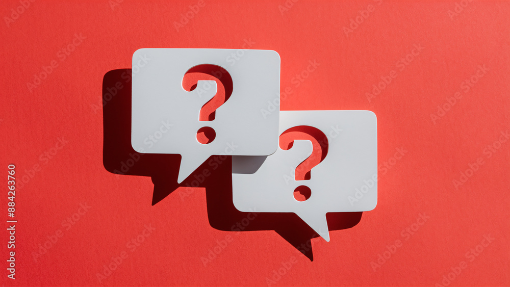 Fototapeta premium Horizontal White Speech Bubbles with Question Marks on a Bright Red Background, Representing Business Support, Investment Questions, Risk Assessment, and Confusion in Strategic Decision-Making