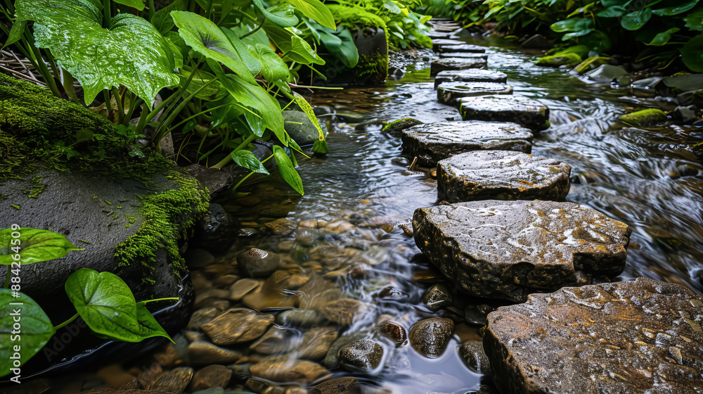 Beautiful stone pathway crossing a tranquil stream surrounded by lush green foliage, perfect for nature and landscape photography. Beautiful stone pathway crossing a tranquil stream surrounded by lush green foliage, perfect for nature and landscape photography.