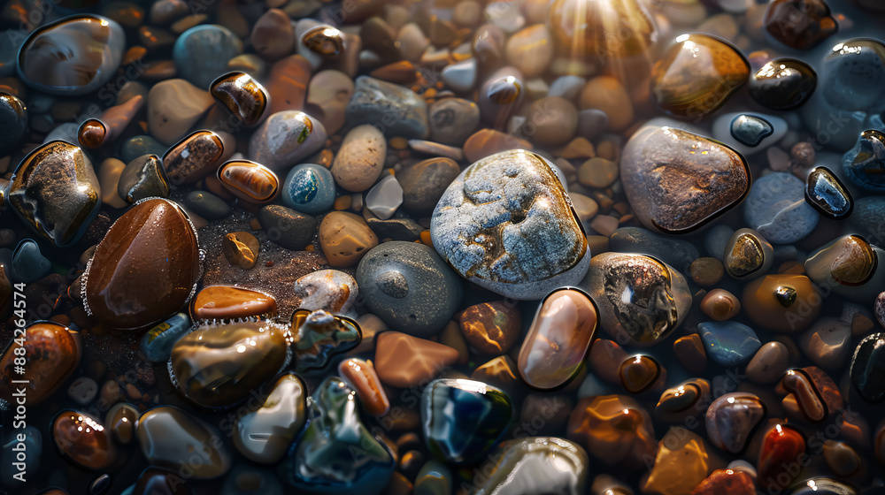 Colorful polished stones and pebbles on a beach, illuminated by sunlight with a variety of textures and vibrant patterns. Colorful polished stones and pebbles on a beach, illuminated by sunlight with a variety of textures and vibrant patterns.