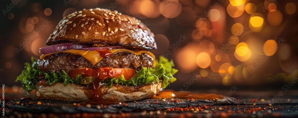 Juicy cheeseburger with fresh lettuce, tomatoes, onion, and dripping sauce against bokeh lights background. Juicy cheeseburger with fresh lettuce, tomatoes, onion, and dripping sauce against bokeh lights background.