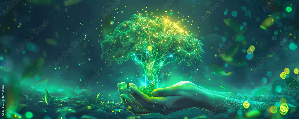 Abstract picture neon hues for a futuristic theme. a large, glowing neon tree green and yellow .A pair of glowing green polygonal hands gently holding the tree. Abstract picture neon hues for a futuristic theme. a large, glowing neon tree green and yellow .A pair of glowing green polygonal hands gently holding the tree.