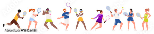 People play tennis set, actions of female and male players on court. Athlete characters holding rackets to play, young man and woman jumping for ball on tennis match cartoon vector illustration