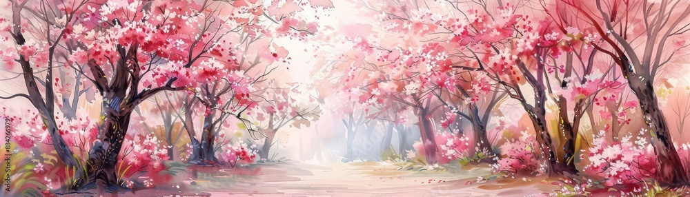 Fototapeta premium Springtime scene with cherry blossoms, fresh and vibrant, watercolor technique, delicate pink hues, high resolution
