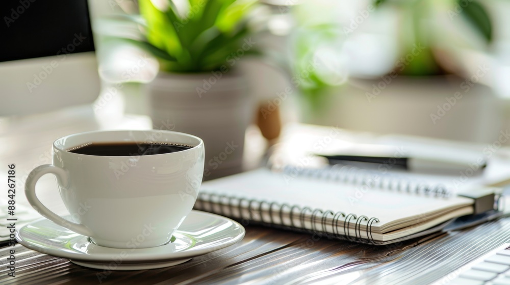 Hot Coffee on Desk with Notebook. Hot Coffee on Desk with Notebook.