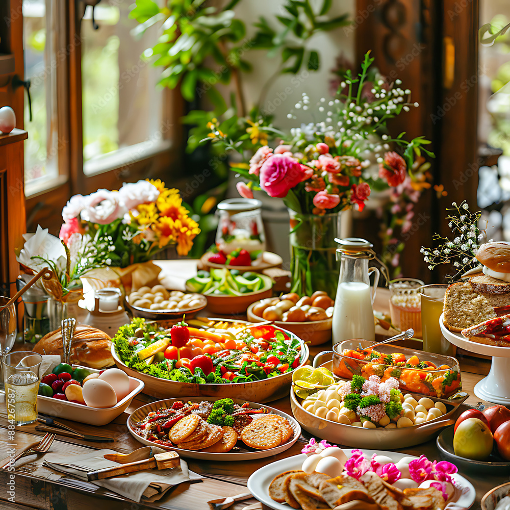 Bright and cozy brunch table setup with a variety of fresh dishes, fruits, and flowers in a sunlit room. Perfect for a cheerful morning. Bright and cozy brunch table setup with a variety of fresh dishes, fruits, and flowers in a sunlit room. Perfect for a cheerful morning.