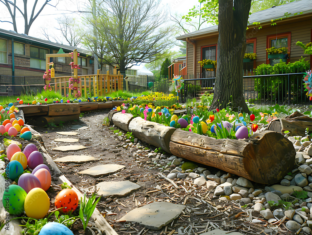 Fototapeta premium Colorful Easter egg decorated garden with a pathway, vibrant flowers, and trees in a suburban setting on a sunny spring day.