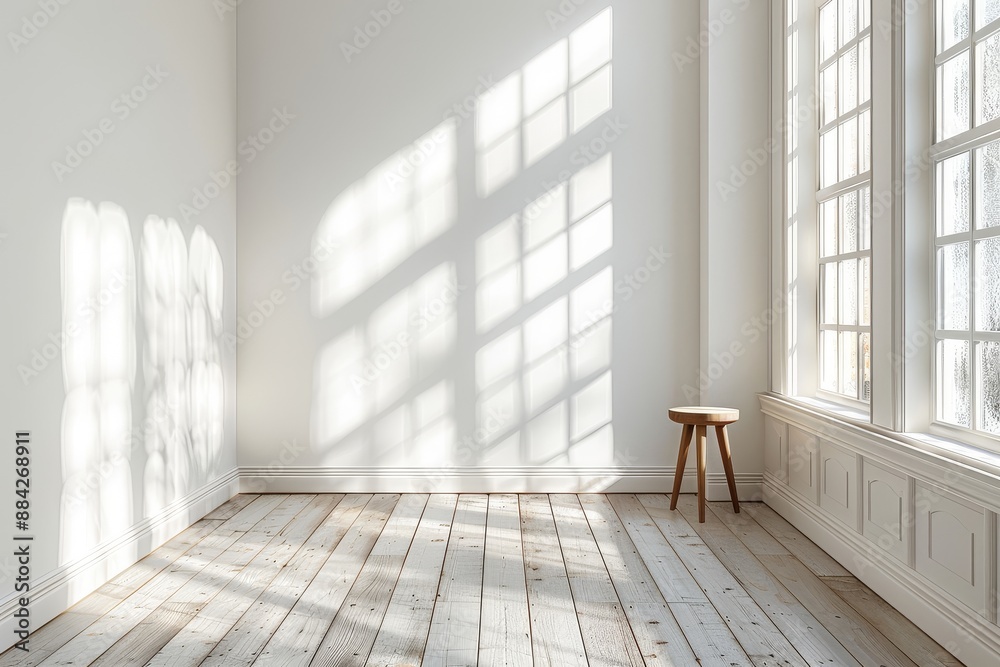 Bright White Minimalistic Room with Light Wood Floor, Accent Table, and Soft Natural Lighting, Perfect for Product Photography or Interior Design Mockups. Bright White Minimalistic Room with Light Wood Floor, Accent Table, and Soft Natural Lighting, Perfect for Product Photography or Interior Design Mockups.