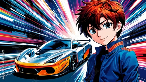 Anime-style boy with a sports car background