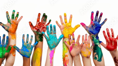 Children's Hands with Colorful Paint on a White Background
