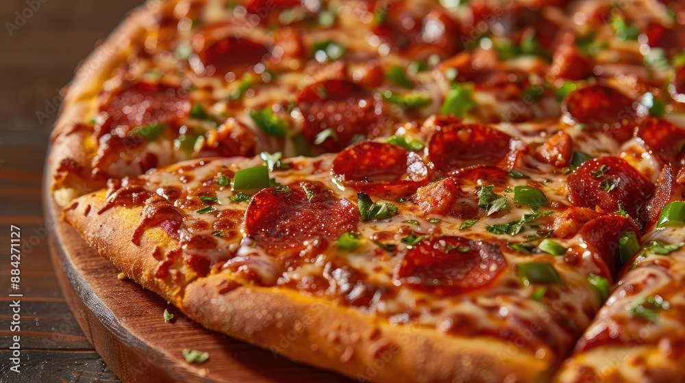 A delicious pepperoni pizza topped with melted cheese and green bell peppers. Perfect for a tasty meal or snack on any occasion. A delicious pepperoni pizza topped with melted cheese and green bell peppers. Perfect for a tasty meal or snack on any occasion.