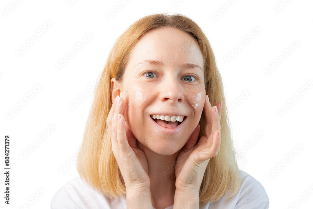Woman putting eye patches on her face isolated on white background, moisturizing gel pads, shiny facial mask, sparkle skin care. Woman putting eye patches on her face isolated on white background, moisturizing gel pads, shiny facial mask, sparkle skin care.