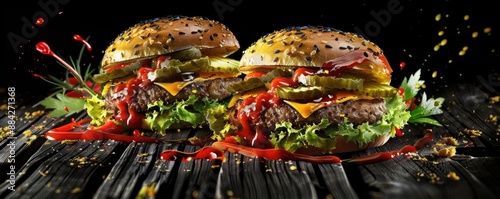 Delicious gourmet burgers with cheese, lettuce, tomato, pickles, and ketchup, perfectly styled on a rustic table in a dark setting.