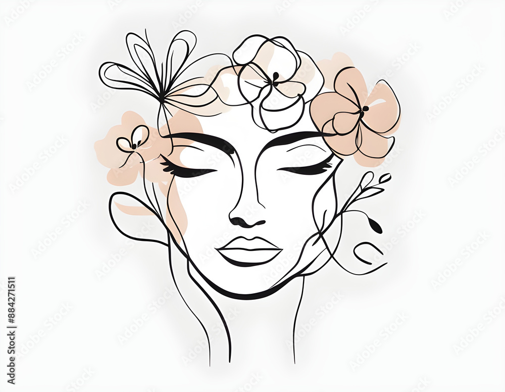 Line Art Vector Woman with long hair and flowers. Flower head line drawing background Line Art Vector Woman with long hair and flowers. Flower head line drawing background